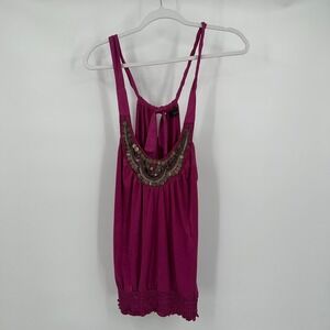 Womens Y2L Magenta Embellished Smocked Hem Tank Top Size S Pink Boho Strappy